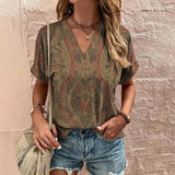 Women's T-Shirt Retro Floral Print Summer Casual V-Neck Lady