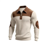Men’s Half-Zip Polo Sweater – Patchwork Ribbed Long Sleeve Pullover