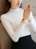 Women's Mock Neck Ruffles Long Sleeve Knitted Bottoming Solid Pullovers Stripe Casual Sweater