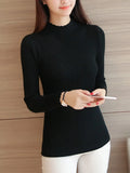 Women's Mock Neck Ruffles Long Sleeve Knitted Bottoming Solid Pullovers Stripe Casual Sweater