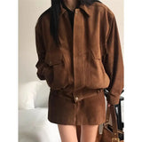 Retro casual versatile lapel collar loose long-sleeved jacket + A-word skirt corduroy two-piece set