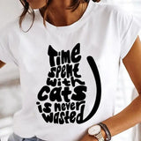 Women's Cartoon Cat Print Short-Sleeved T-Shirt Style Cloths