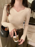 Women's V-Neck Ruffles Long Sleeve Knitted Bottoming Solid Pullovers Stripe Casual Sweater