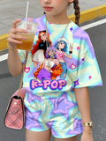Girls Pink Tie Dye Stitch Cartoon 2Pcs Shorts Set For Summer