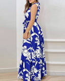 Hanging Neck Lace-up Printed Ruffle Dress Casual Sleeveless