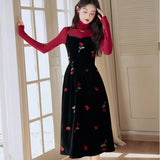 Women French Retro 2 Piece Set Autumn Outfits Long Sleeve High Collar Top+Black Rose Embroidered Velvet Slip Dress Sets Elegant