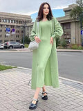 High Quality Women'S Solid Color Knitted Set, Sexy Long Sleeved Loose Long Cardigan Jacket+Sleeveless Dress Casual Two-Piece Set