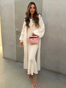 High Quality Women'S Solid Color Knitted Set, Sexy Long Sleeved Loose Long Cardigan Jacket+Sleeveless Dress Casual Two-Piece Set