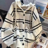 Striped Knit Sewater Women Loose Lazy Single-Breaster Hooded Cardigan Fashion Casual Fall Winter Pretty Style Patchwork Jacket