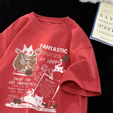 Oversized Cartoon Cat Print Couples Short Sleeve T-Shirt