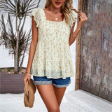 Elegant Floral Print Square Neck Women's Top Summer Clothing