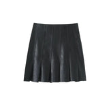 Matching Set Sexy Women Lapel Double Pockets Faux Leather Crop Jacket High Waist Mini Pleated Skirt Sets Black