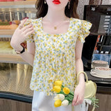 Sweet Floral Print Square Neck Chiffon Shirt Women's Summer