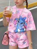 Girls Pink Tie Dye Stitch Cartoon 2Pcs Shorts Set For Summer