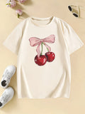 Girls' Bow with Cherry Fashion T-Shirts: Kids Summer Casual
