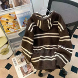 Striped Knit Sewater Women Loose Lazy Single-Breaster Hooded Cardigan Fashion Casual Fall Winter Pretty Style Patchwork Jacket