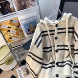 Striped Knit Sewater Women Loose Lazy Single-Breaster Hooded Cardigan Fashion Casual Fall Winter Pretty Style Patchwork Jacket