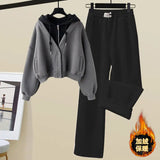 Plush and Thickened Hoodie Jacket Casual Wide Legged Pants Two-piece Elegant Women's Pants Set Winter Outfits