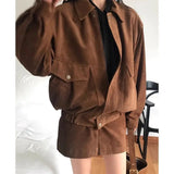 Retro casual versatile lapel collar loose long-sleeved jacket + A-word skirt corduroy two-piece set