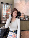 Women’s V-Neck Button Sweater Long Sleeve Slim Knit Pullover
