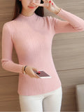 Women's Mock Neck Ruffles Long Sleeve Knitted Bottoming Solid Pullovers Stripe Casual Sweater
