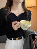 Women's V-Neck Ruffles Long Sleeve Knitted Bottoming Solid Pullovers Stripe Casual Sweater