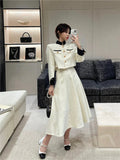 Fall New Vintage Thin Tweed Women 2 Piece Sets Outfits 2022 Stand Collar Single-breasted Jacket Long Skirt Two Piece Sets