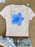 Hibiscus Pattern Printed T-shirt Summer O-neck Casual Women
