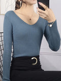 Women's V-Neck Knitted Turtleneck Slim-Fit Long-Sleeve Anti-Pilling Casual Elegant Plain Sweater