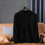 100% Pure Wool Winter Warm Soft Pullover Men's Business Lapel Knitwear Casual Solid Color Long Sleeve Polo Shirt Office