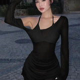 Women's Ruched Lace-Up Sheer Mini Party Dress Summer 2026
