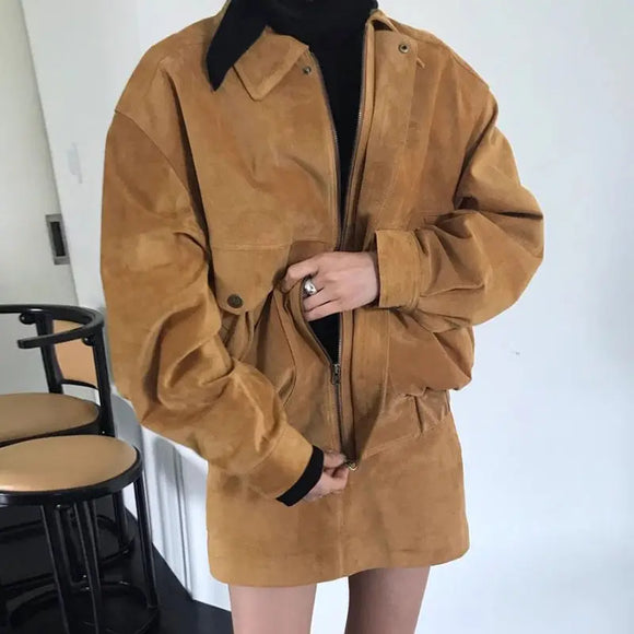 Retro casual versatile lapel collar loose long-sleeved jacket + A-word skirt corduroy two-piece set