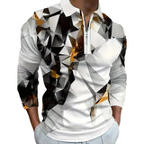 Men’s 3D Geometric Print Polo Shirt – Long Sleeve Golf Top