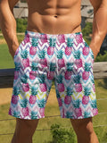Men's Pineapple Print Beach Shorts Tropical Rainbow Zigzag