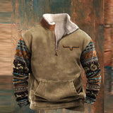 Men’s Graphic Patchwork Hoodie – Vintage Zipper Stand Collar Top