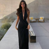 Women's Deep V Neck High Slit Backless Maxi Dress for Summer