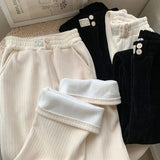 Plush and Thickened Hoodie Jacket Casual Wide Legged Pants Two-piece Elegant Women's Pants Set Winter Outfits