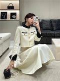 Fall New Vintage Thin Tweed Women 2 Piece Sets Outfits 2022 Stand Collar Single-breasted Jacket Long Skirt Two Piece Sets