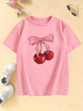 Girls' Bow with Cherry Fashion T-Shirts: Kids Summer Casual