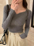 Women's V-Neck Ruffles Long Sleeve Knitted Bottoming Solid Pullovers Stripe Casual Sweater