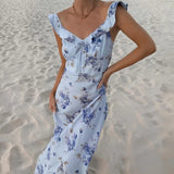 Women's Floral Print Maxi Dress Backless Summer Beachwear