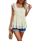 Elegant Floral Print Square Neck Women's Top Summer Clothing