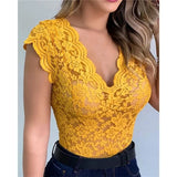 Sexy Deep V Neck Sleeveless Lace Blouse Shirts Summer Women Lace Patchwork Pullover Tops