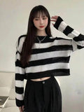 Korean Style Striped Cropped Sweater Women Oversize Knit Jumper