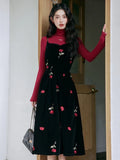 Women French Retro 2 Piece Set Autumn Outfits Long Sleeve High Collar Top+Black Rose Embroidered Velvet Slip Dress Sets Elegant