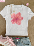 Hibiscus Pattern Printed T-shirt Summer O-neck Casual Women