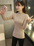 Women's Mock Neck Ruffles Long Sleeve Knitted Bottoming Solid Pullovers Stripe Casual Sweater
