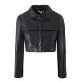 Matching Set Sexy Women Lapel Double Pockets Faux Leather Crop Jacket High Waist Mini Pleated Skirt Sets Black