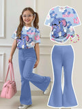 Kids' Girls' Stitch Cartoon Print 2-Pc. Outfit: Floral T-Shirt
