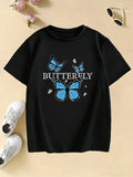 Girls Blue Butterfly Fashion Design T-shirt Kids' Summer Top